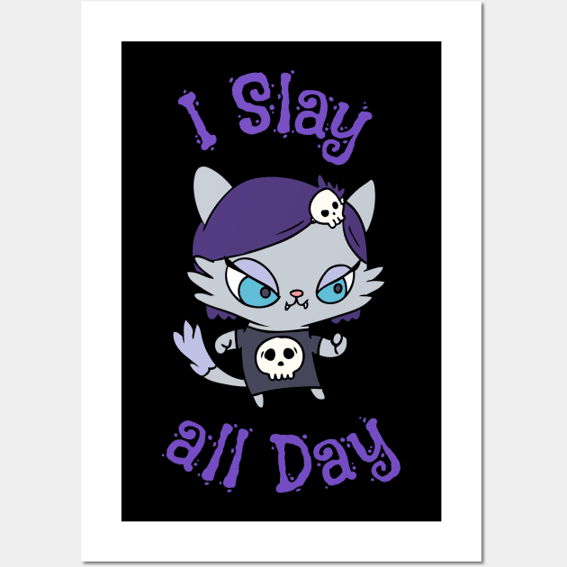 I Slay All Day Cute Goth Kitten with Skull Shirt Wall Art by OrionLodubyal